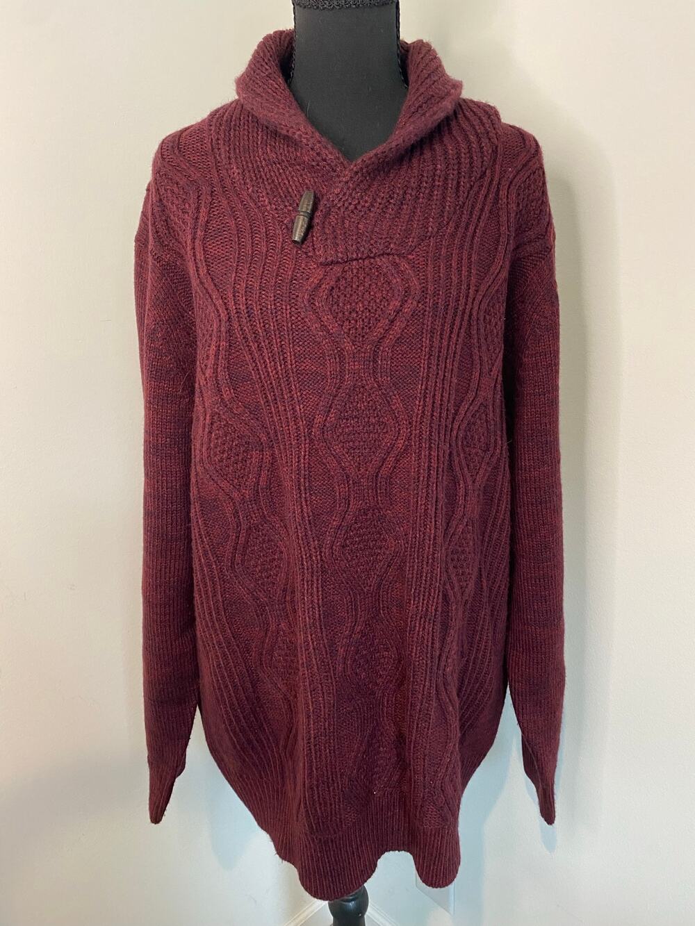 Men's XXL Weatherproof Vintage Shawl Collar Toggle Sweater Maroon Cable Knit
